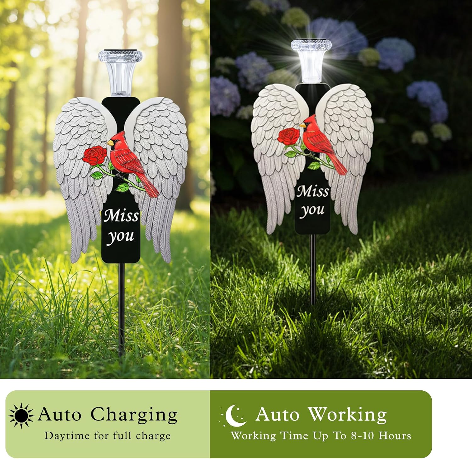 20-Inch Solar Angel Wings Memorial Stake with Red Cardinal - Metal Cemetery Decorations for Grave, Father's Day