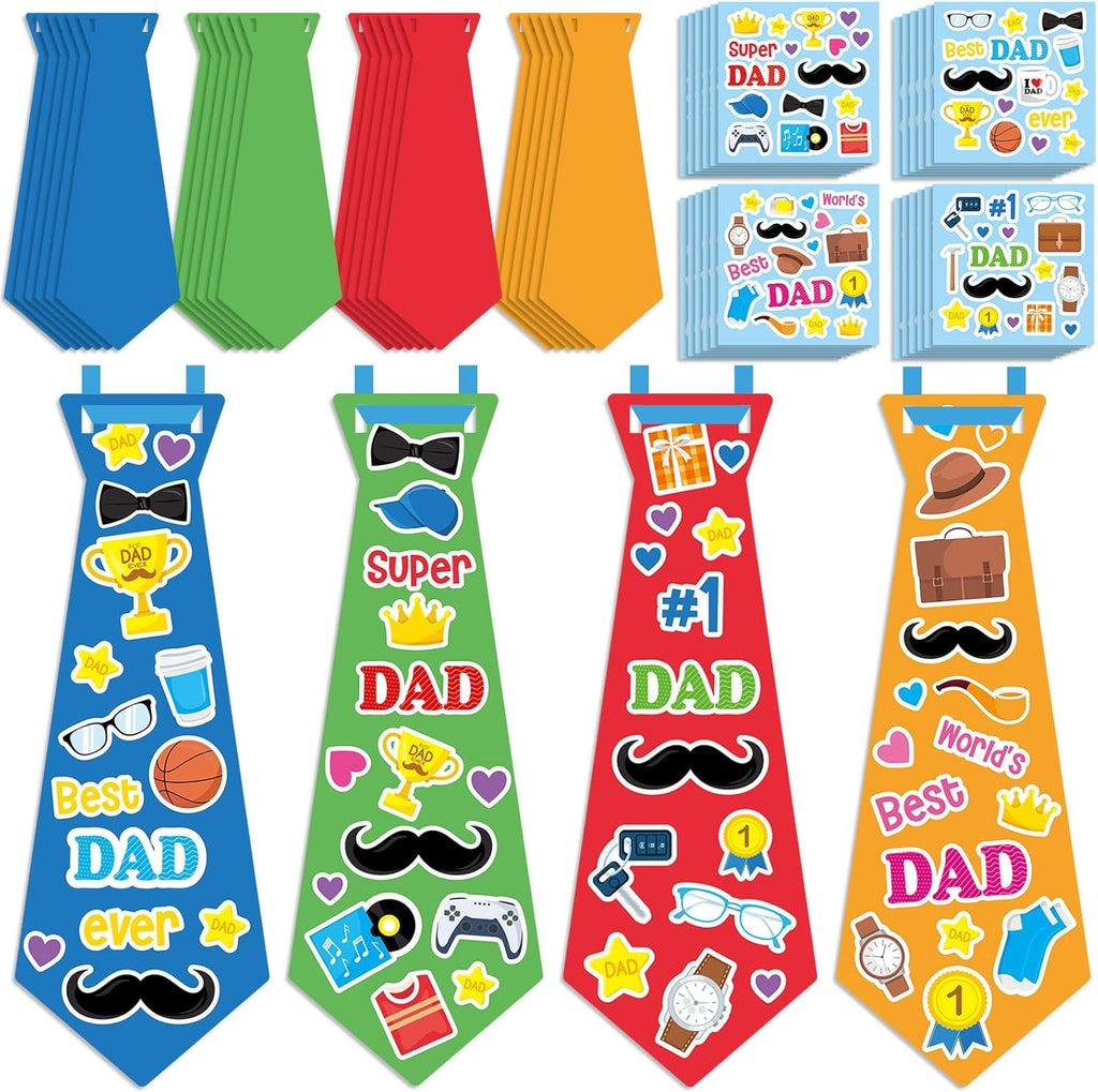 24 Set Father's Day Craft Kit for Kids Father's Tie Greeting Card with Stickers Best Dad Ever DIY Art Crafts Card