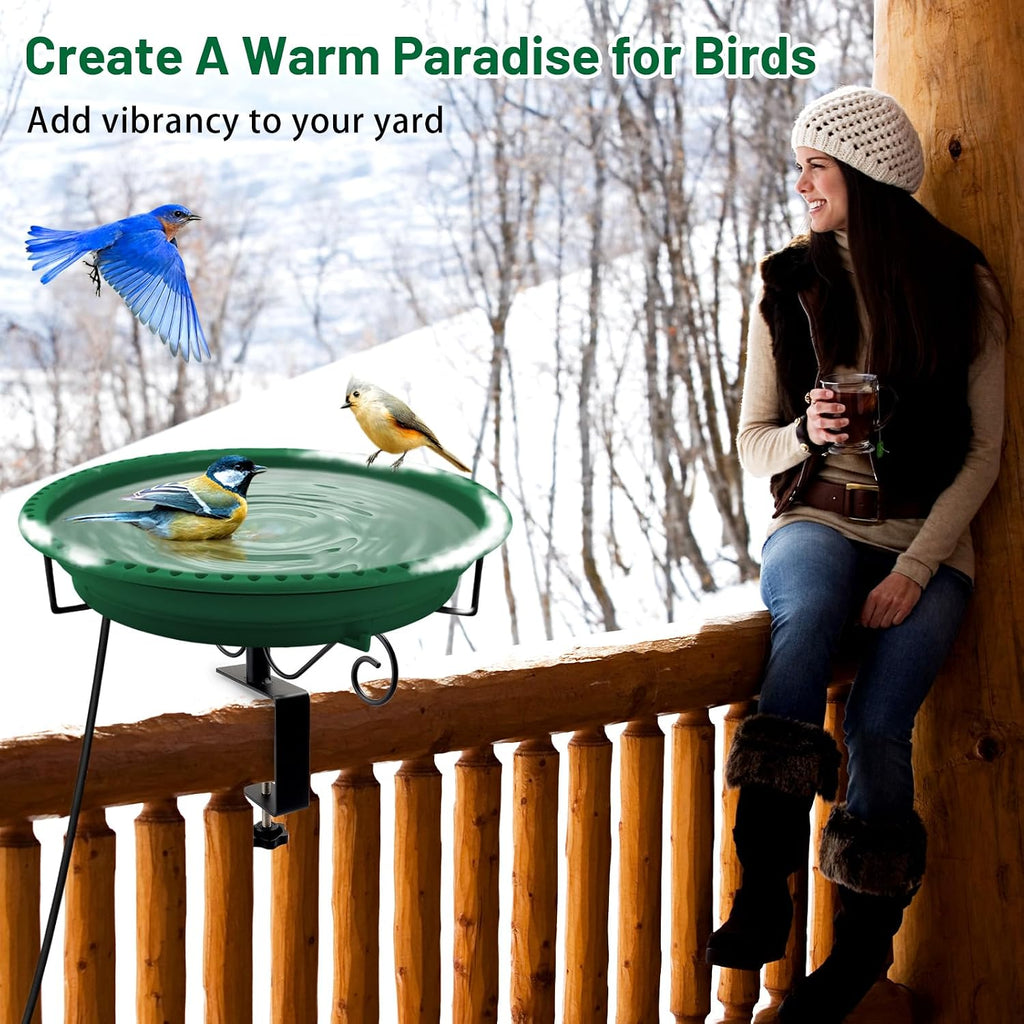 Heated Bird Bath for Outdoors Deck Railing, 100W Heated Birdbath, Green