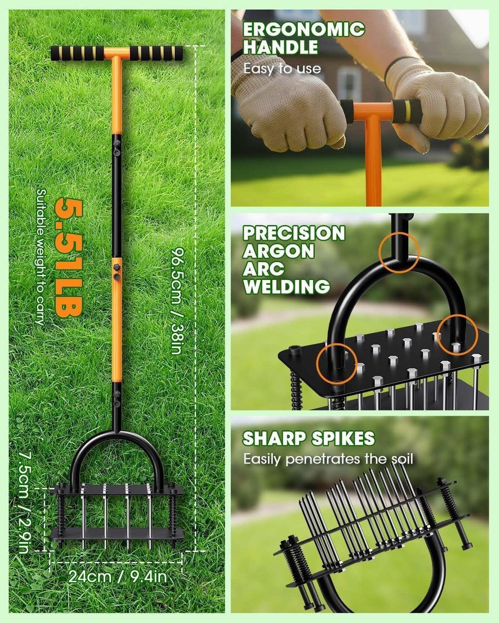 Lawn Aerator Tool - 16 Iron Spikes with Ergonomic T-Handle, Automatic Dirt Clean for Soil Loosening & Yard Aeration