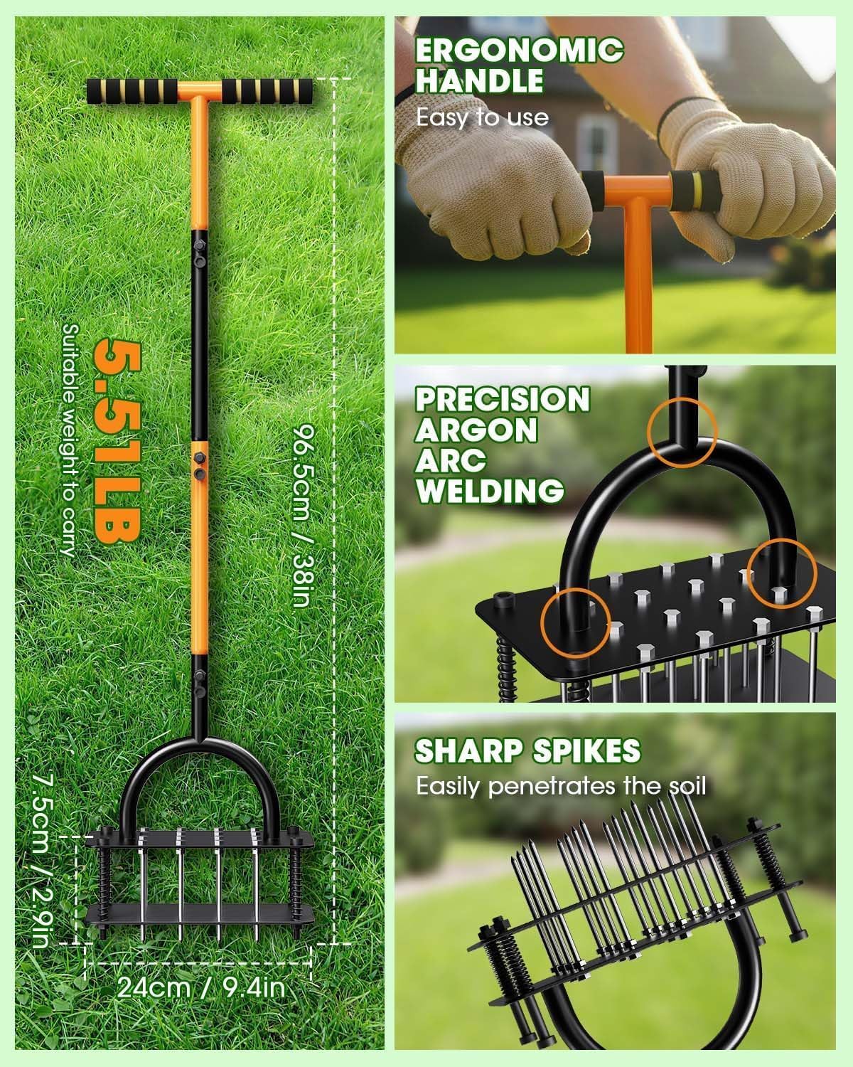 Lawn Aerator Tool - 16 Iron Spikes with Ergonomic T-Handle, Automatic Dirt Clean for Soil Loosening & Yard Aeration