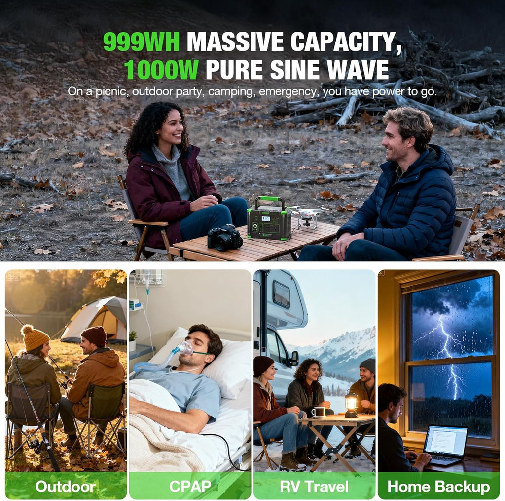 Portable Power Station 1000W Solar Generator 999Wh Fast Charging Backup Battery with 10W Wireless Charging & Multiple