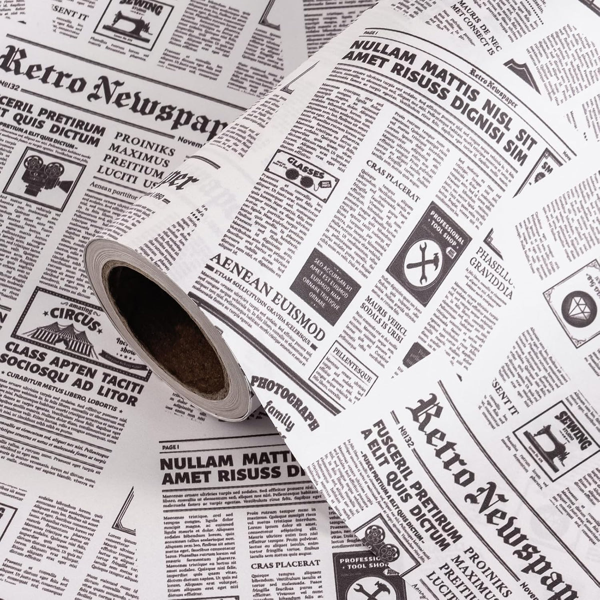 Kraft Retro Newspaper Wrapping Paper Roll - Mini Roll - 17 Inch x 16.5 Feet - Vintage Black and White Newspaper