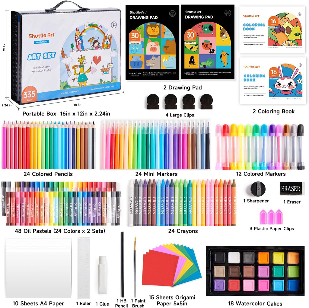 335 Piece Kids Art Set, Multi-Media Art Supplies, Gift Art Kit with Trifold Easel, 2 Drawing Pads, 2 Coloring Books