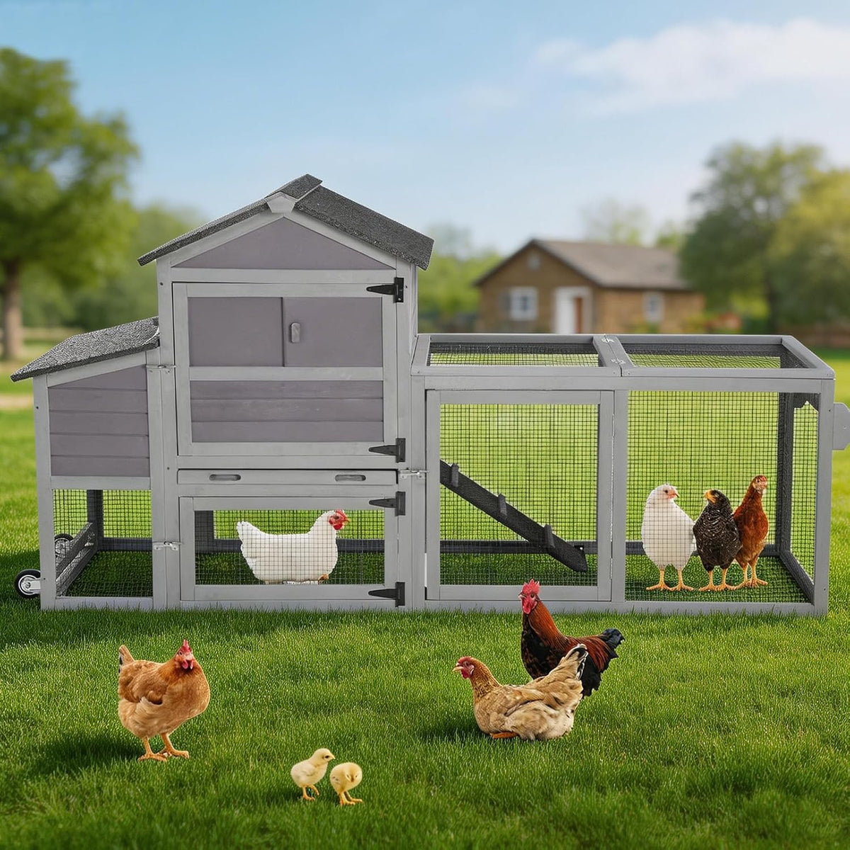 Mobile Chicken Tractor with 2 Nesting Boxes, 81" Large Wooden Chicken Coop for 2-4 Chickens, Predator Proof Poultry