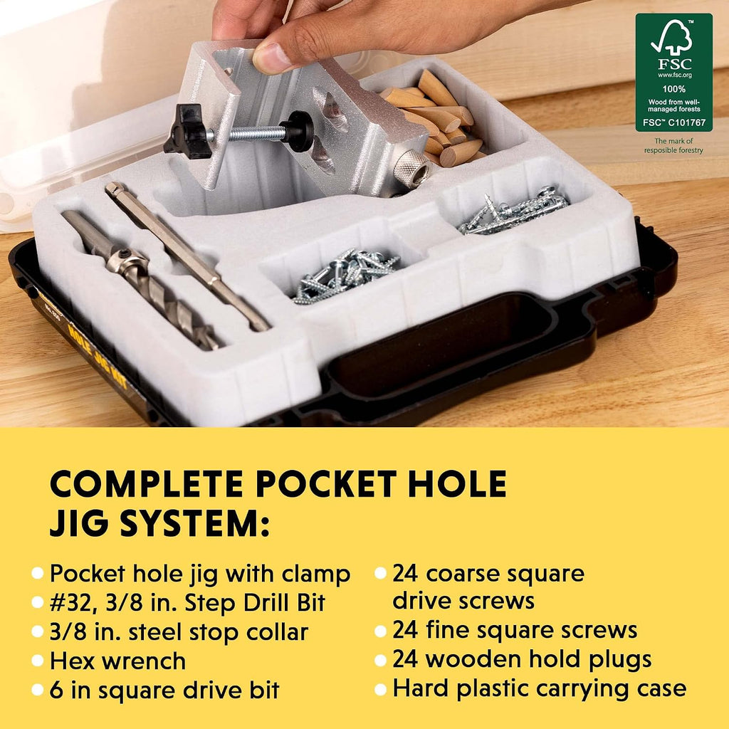 Woodworking Pocket Hole Jig Kit - All-In-One Aluminum Pocket System with Carrying Case