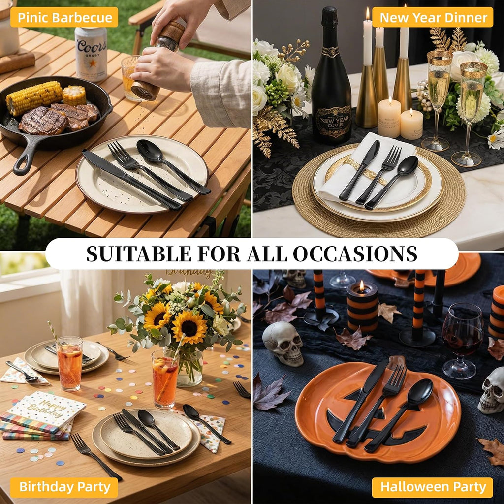 200PCS Black Plastic Silverware, Heavy Duty Disposable Utensils/Cutlery