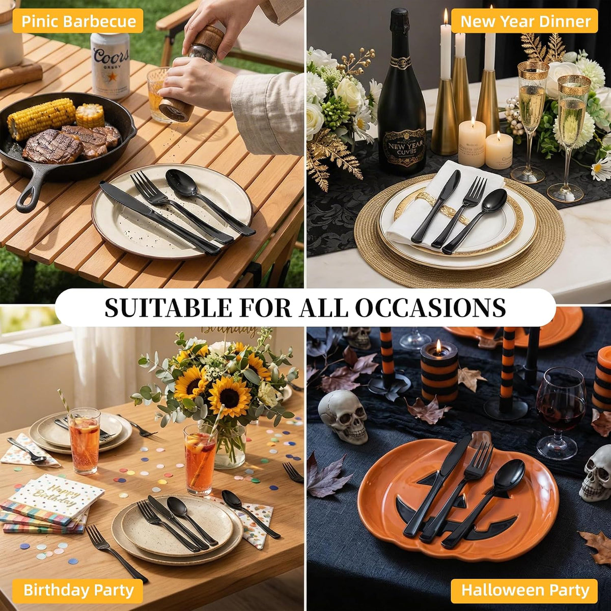 200PCS Black Plastic Silverware, Heavy Duty Disposable Utensils/Cutlery