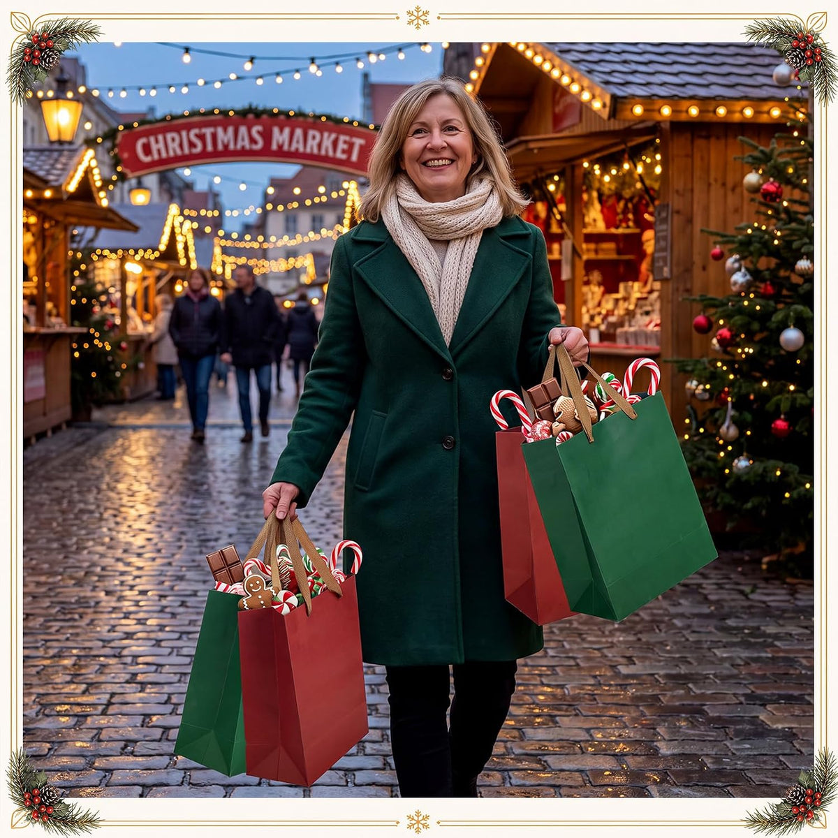 50 Pack Red Green Christmas Gift Bags Bulk, Heavy Duty, 8x11x4 Inch
