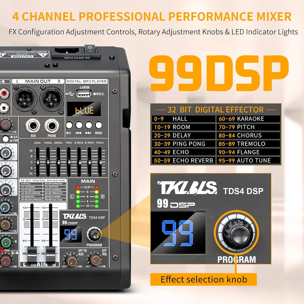 4 Channel Audio Mixer for Home Audio, Sound Mixer Board with USB Interface, 99 DSP Effects, 48V Phantom Power, XLR