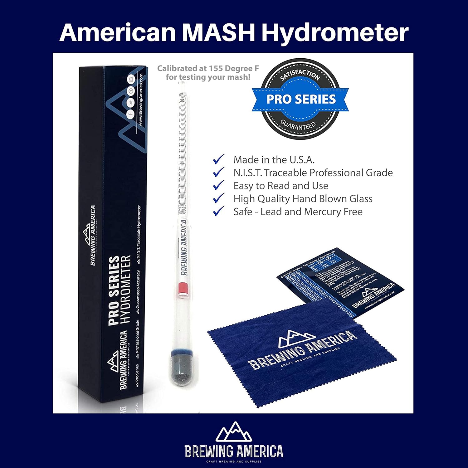 USA-Made Beer Mashing Hydrometer Calibrated at 155 Degrees Fahrenheit - Specific Gravity Pro Series Brewing Triple