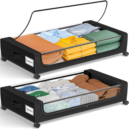 Under Bed Storage with Wheels: 48L Underbed Storage Containers with Clear Lids - Rolling Drawers & Bins for Shoes