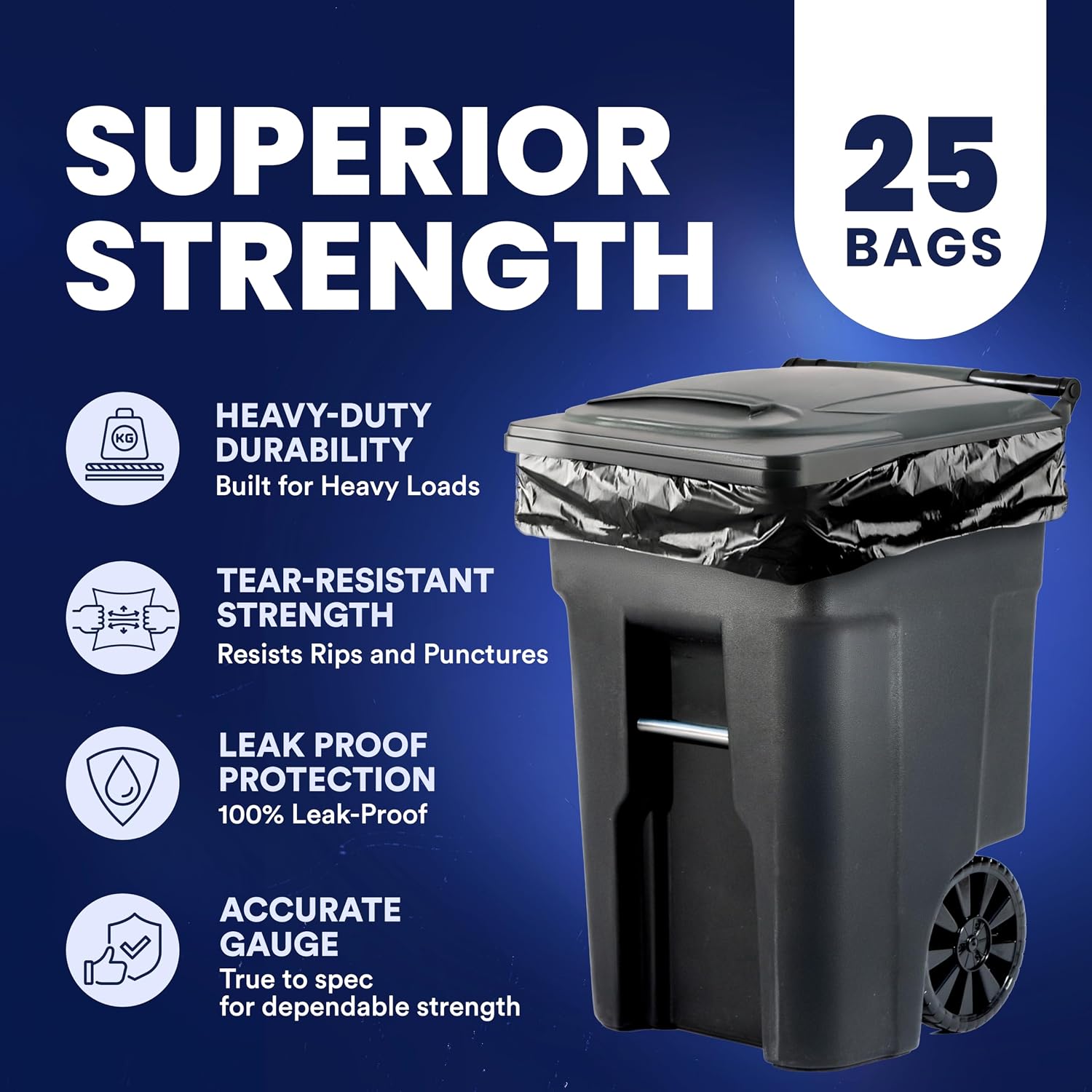 95-96 Gallon Garbage Can Liners Heavy Duty 1.5 Mil Black Trash Bags Tear-Resistant Outdoor Garbage Bags for Rollaway