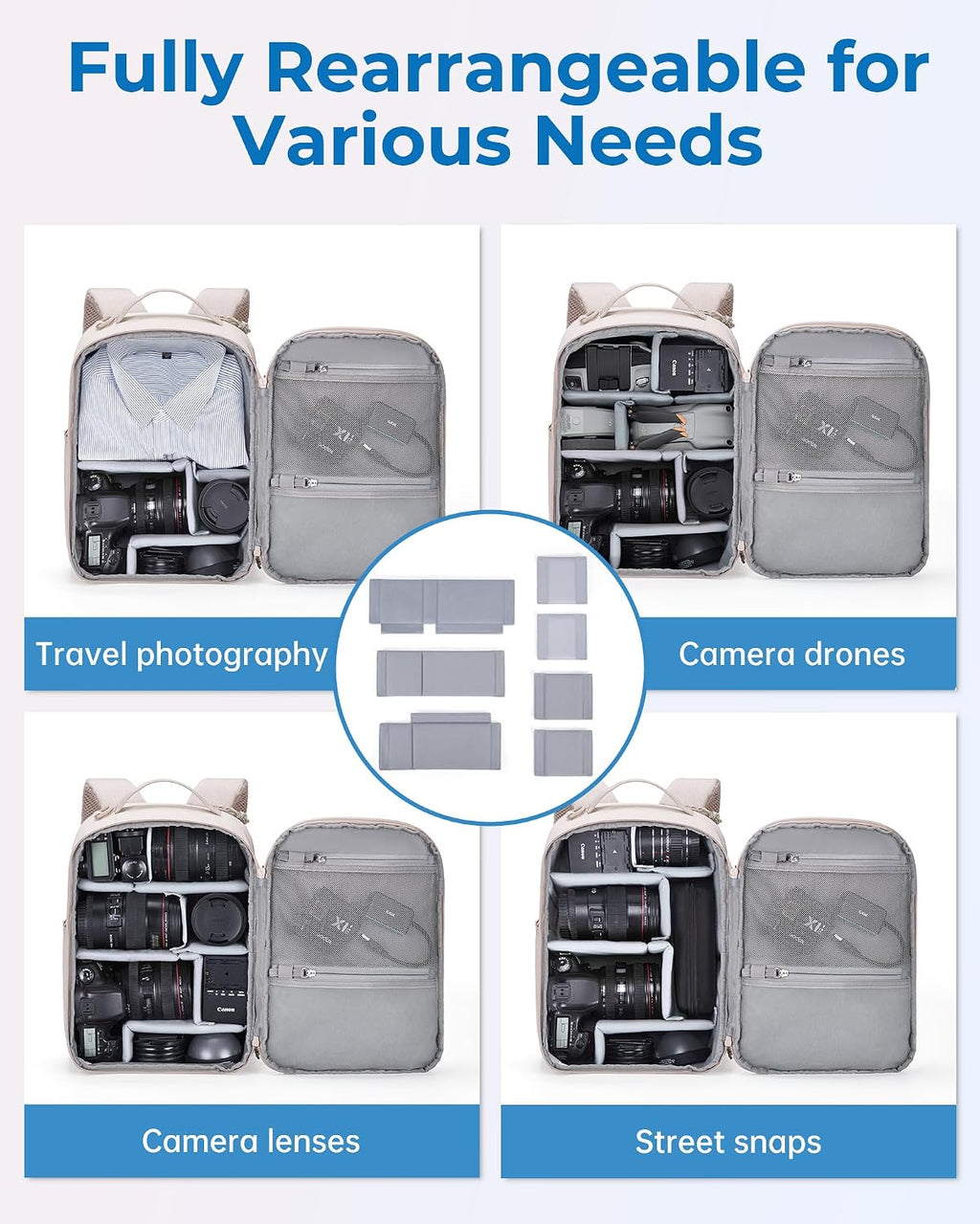 2 in 1 Small Camera Backpack for DSLR, Fits 12.9" iPad, Beige | Small SLR Camera Bags for Photographers with Shoulder