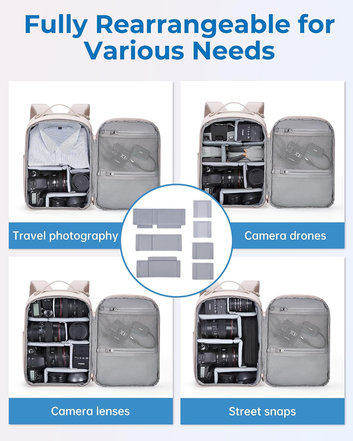 2 in 1 Small Camera Backpack for DSLR, Fits 12.9" iPad, Beige | Small SLR Camera Bags for Photographers with Shoulder