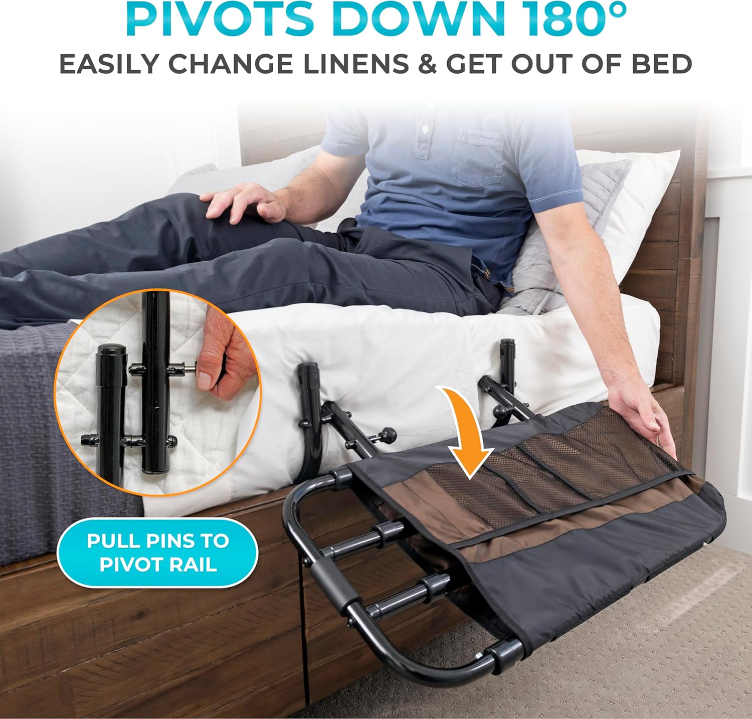 EZ Adjust Bed Rail, Adjustable Senior Bedrail and Safety Assist Railing for Elderly Adults with Organizer Pouch, ASTM