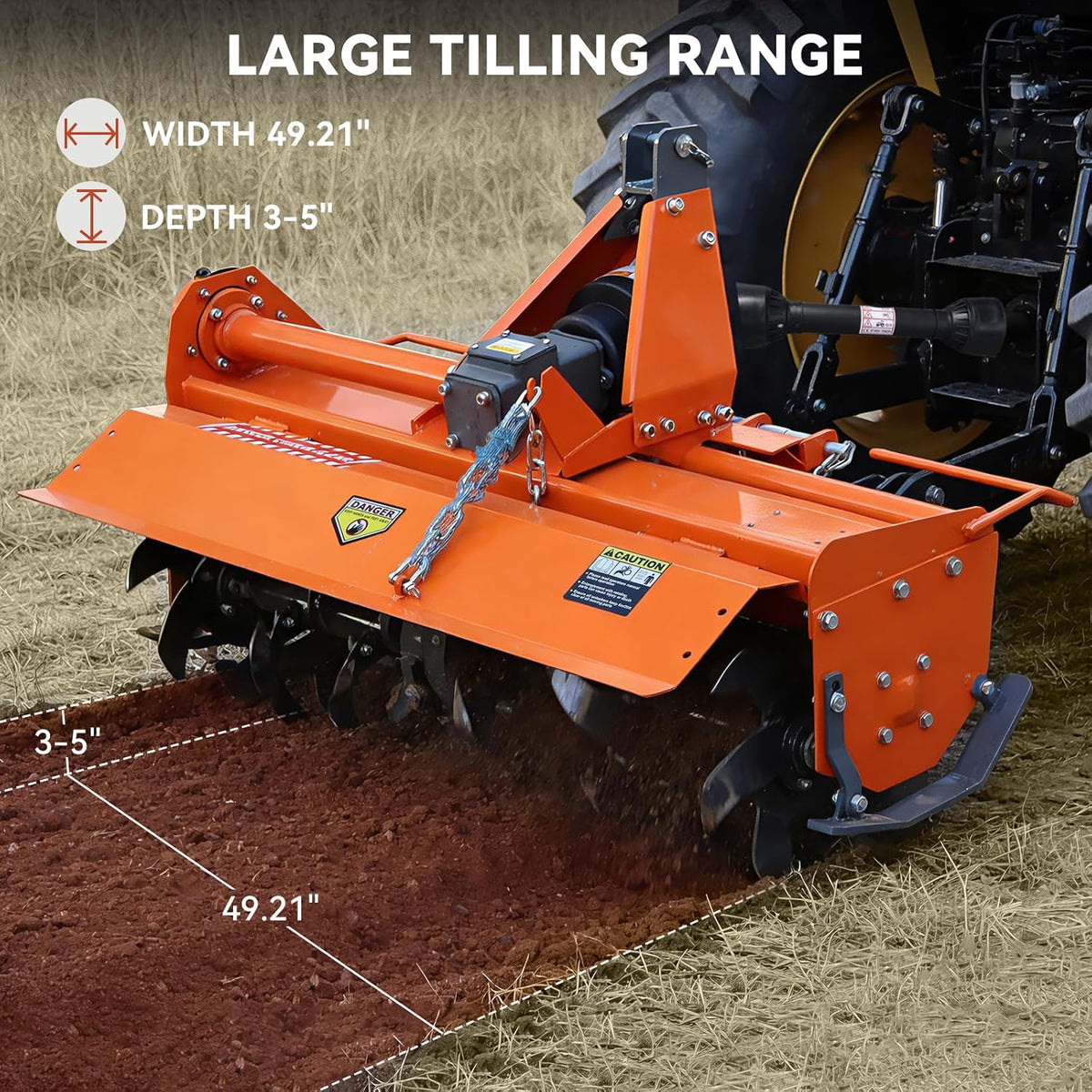 49 Inch 3-Point Rotary Tiller Attachment, 540 RPM Single Speed PTO Cultivator, 4.7" Working Depth Replaceable