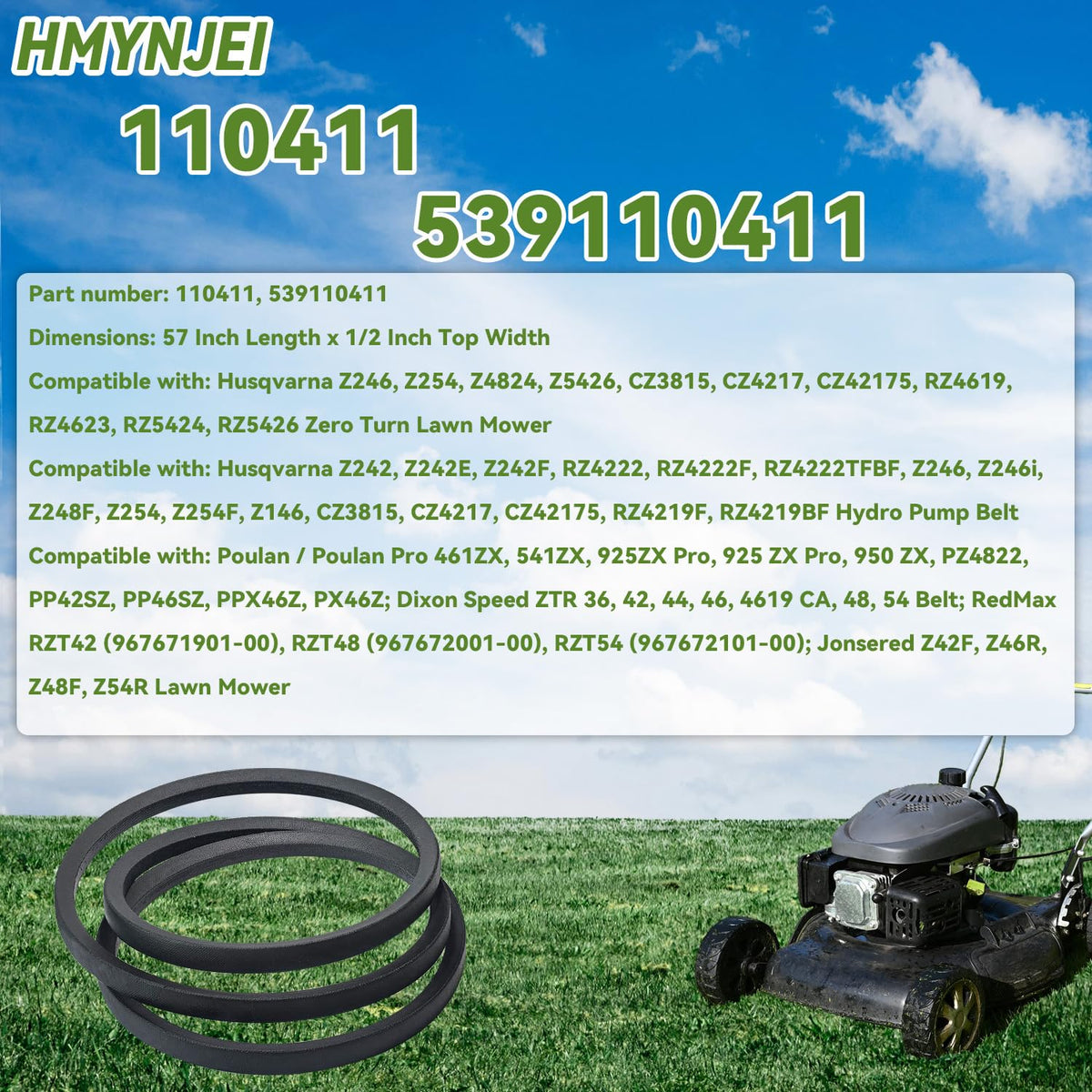 539110411 Drive Belt 1/2x57 for Husqvarna Zero Turn Models Z246 Z254 Z4824 Z5426 CZ3815 CZ4217 CZ42175 RZ4619 RZ4623 RZ5424 RZ5426 Lawn Mowers