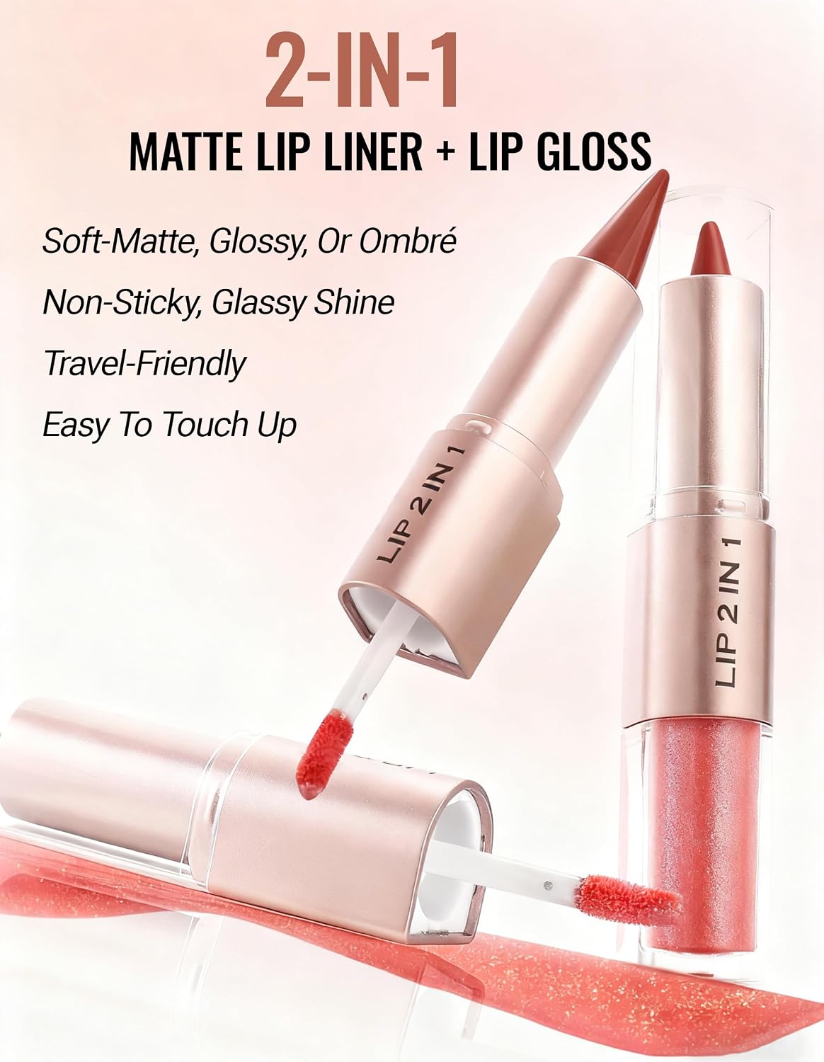 2 In 1 Lip Combo Set, Dual-Ended Lip Liner & Gloss Combo, Nude Brown Lipliner, Velvet Matte Lipstick & High-Shine