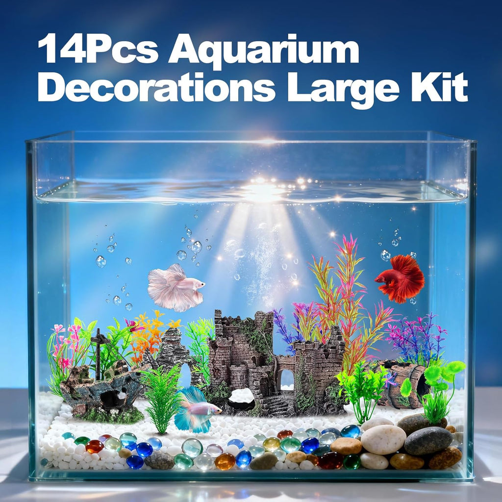 14 Pcs Aquarium Decorations Large Kit，Castle Fish Tank Bubbler Decorations，Starfish Barrel, Resin Cave Rock,Resin