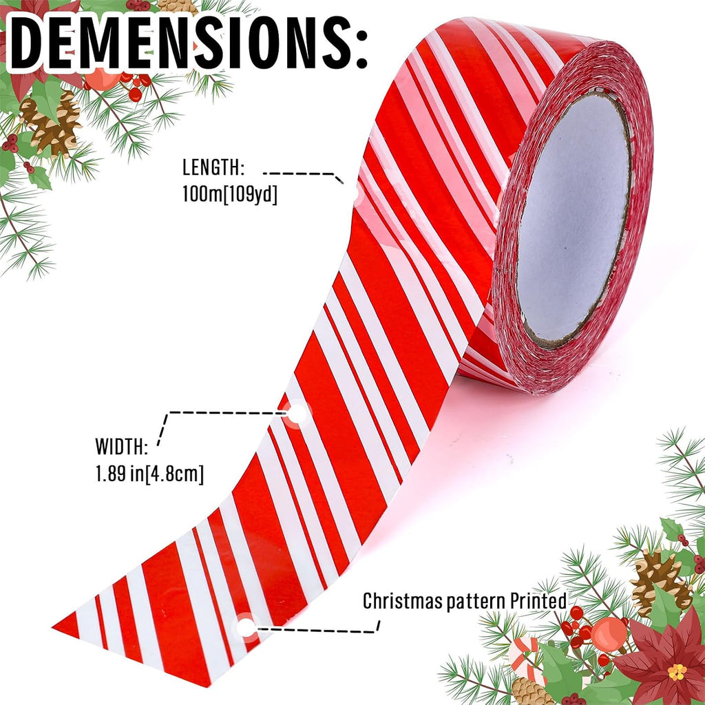 109 Yard Christmas Candy Packing Tape Xmas Red and White Striped Pattern Tape Waterproof Shipping Tape for Small