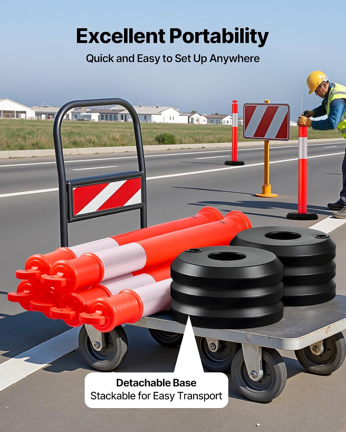 2 Pack Traffic Delineator Posts, 45 inches Traffic Safety Cones with Fillable Base and Reflective Strips, Heavy Duty