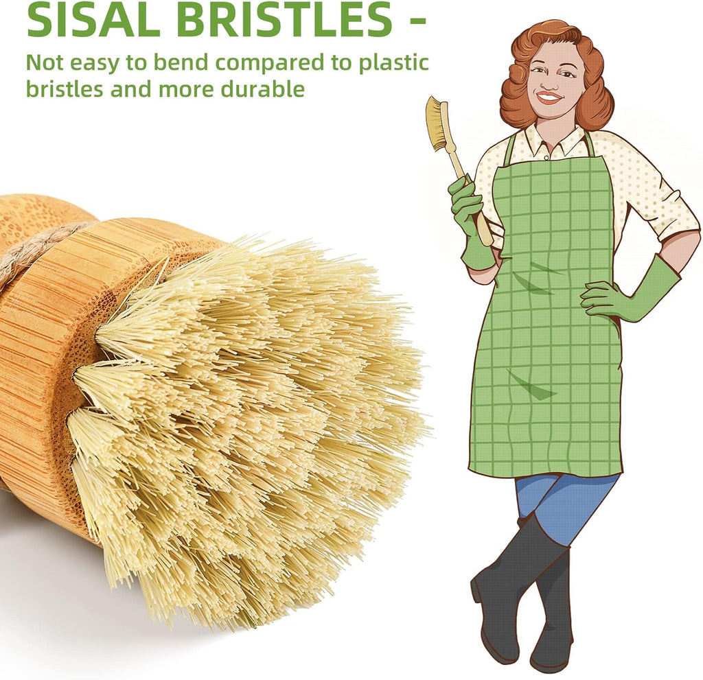Bamboo Dish Scrub Brushes,Kitchen Wooden Cleaning Scrubbers Set for Washing Cast Iron Pan/Pot, Natural Sisal