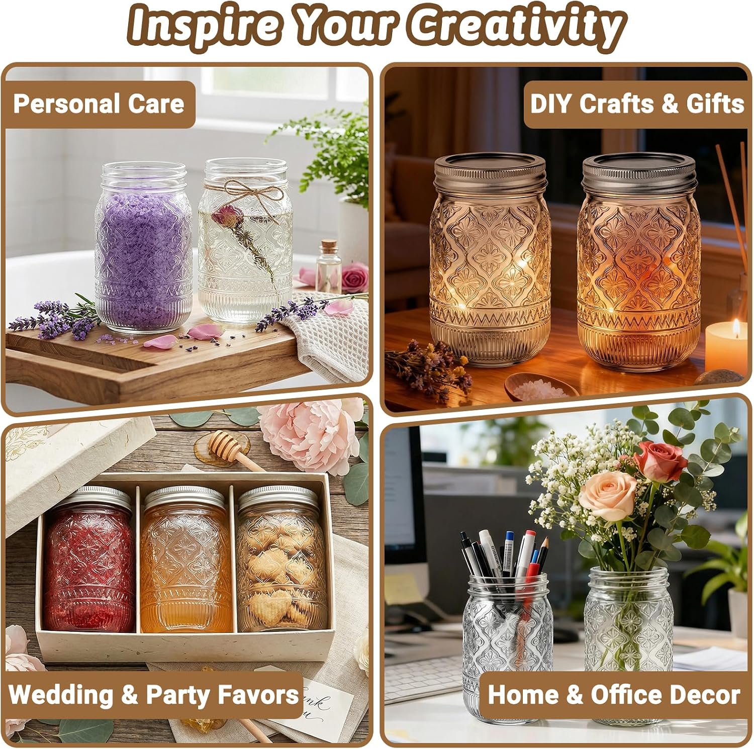 16oz Embossed Mason Jars 15-Pack with Airtight Lids and Bands