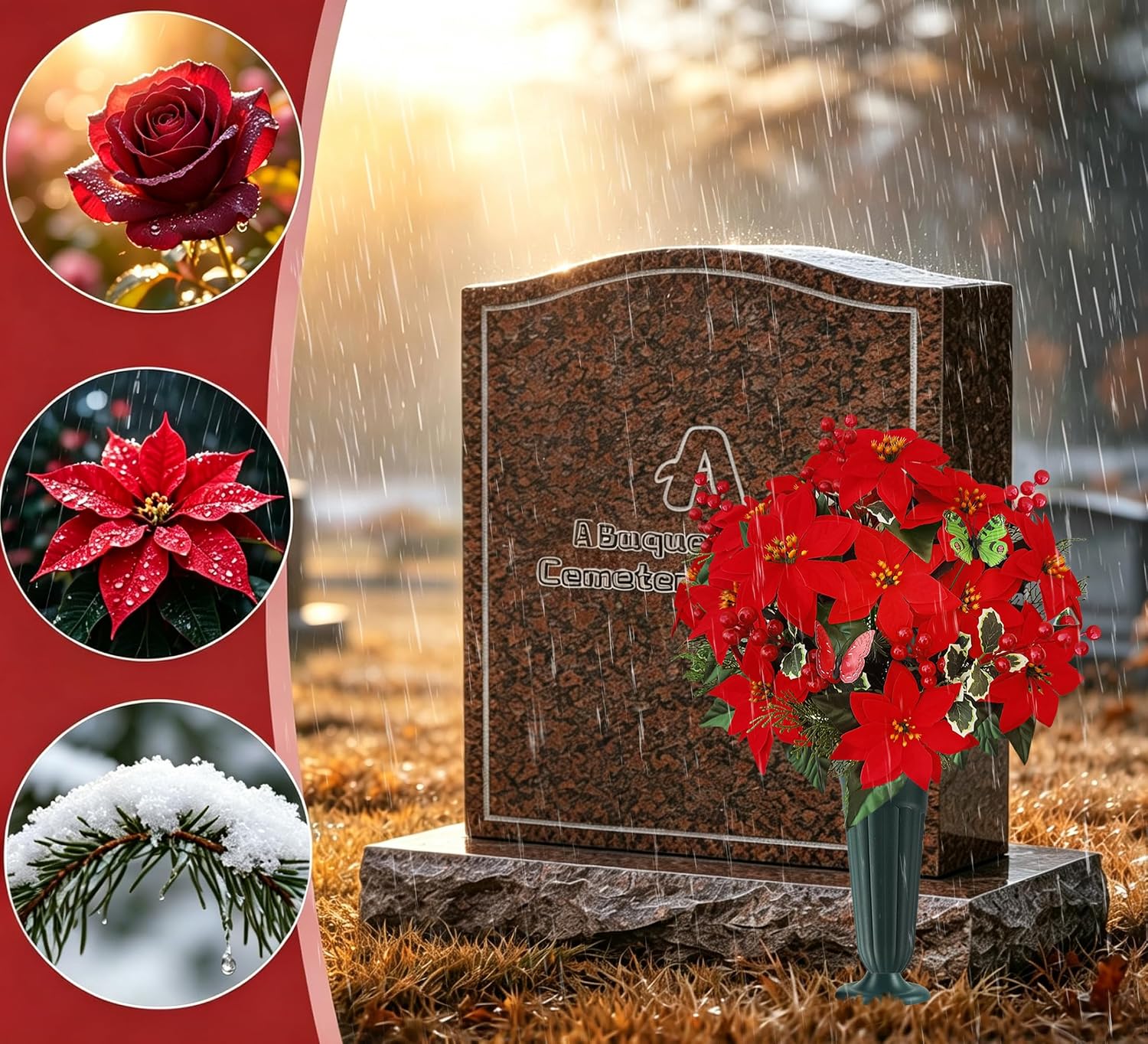 Christmas Cemetery Flowers for Grave- Poinsettia Artificial Flower with Vase for Headstones Graveyard Graveside