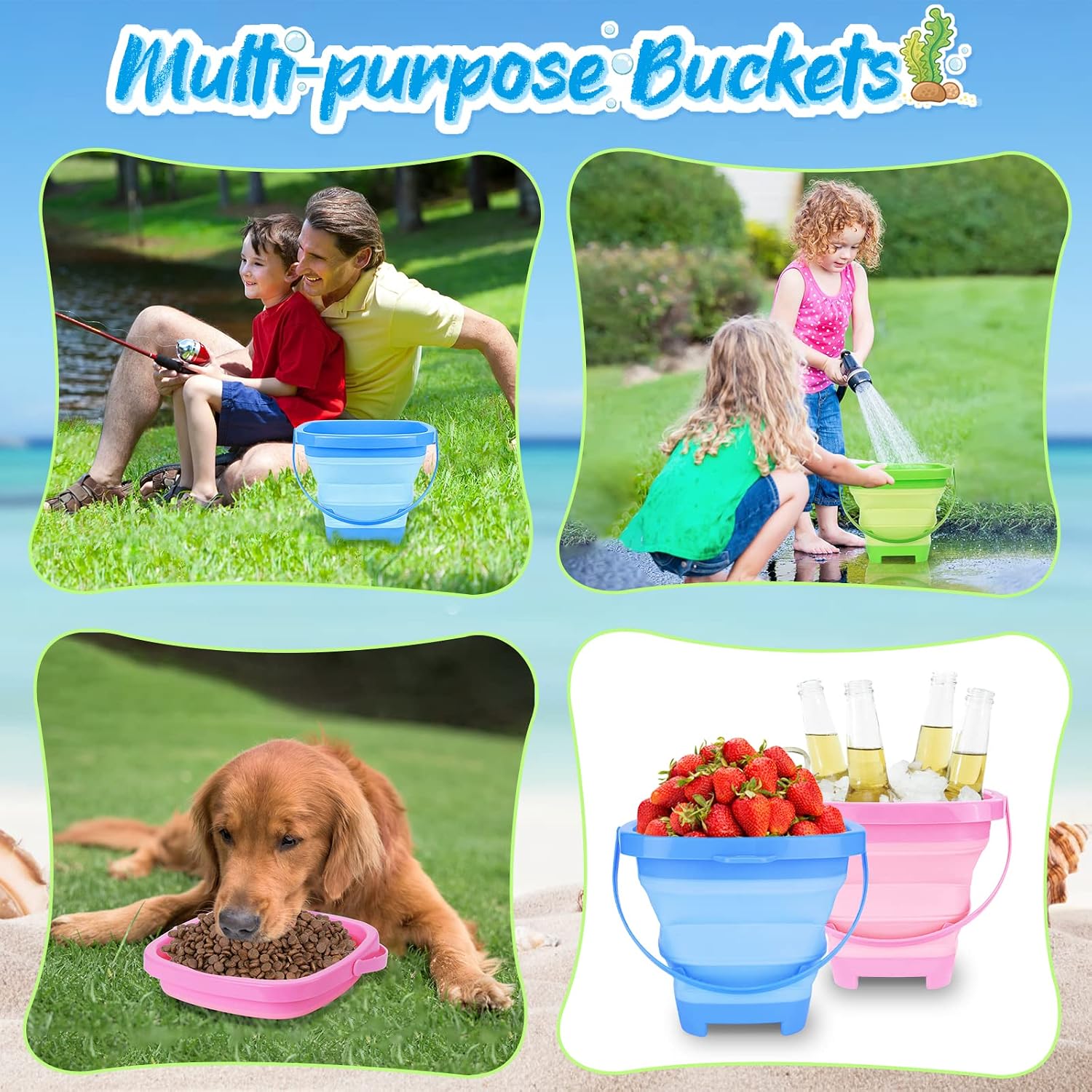 Beach Toys with 3 Collapsible Buckets, Mesh Bag for Kids Ages 3-12 | Sand Castle Building Kit and Sand Molds for