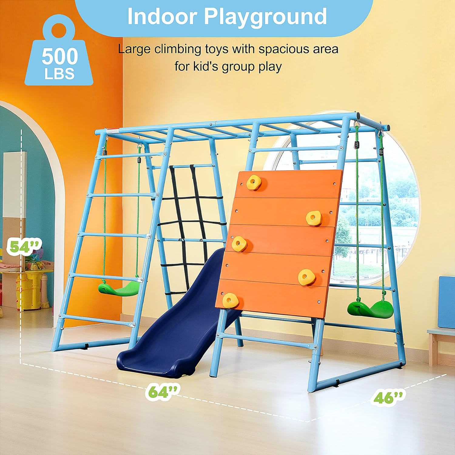 6 in 1 Indoor Playground, Metal Jungle Gym with Climbing Wall, Slide, Monkey Bars, Rope Ladders and Two Swings