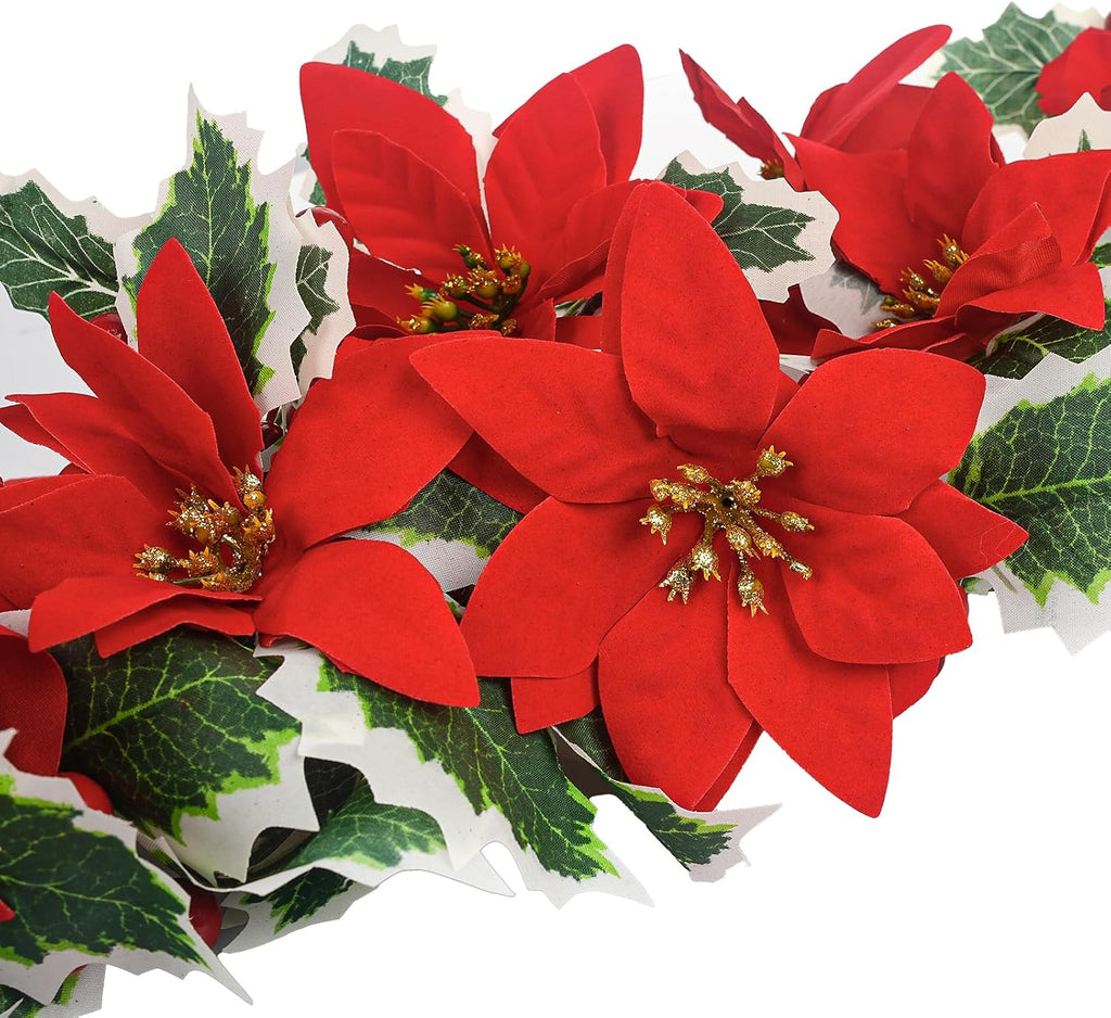 Christmas Garland, Artificial Red Flowers with Berries and Holly Leaves | Indoor Outdoor Garland