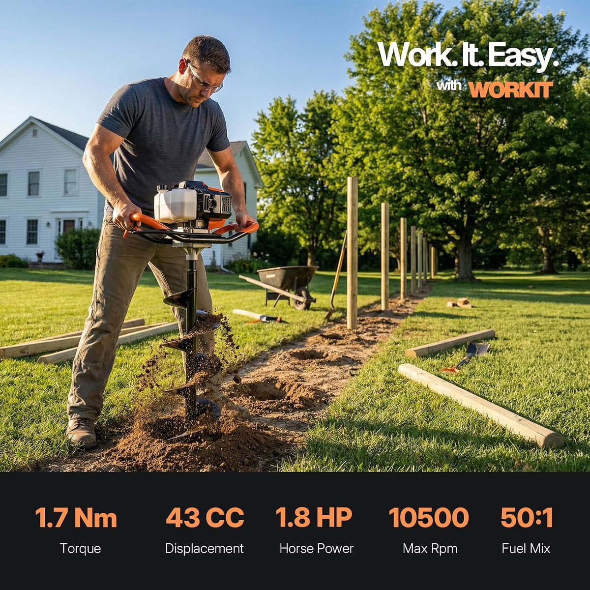 43CC Post Hole Digger, Auger Post Hole Digger Easy Start, 2-Cycle Xtreme Engine, Gas Powered Earth Auger with 8"