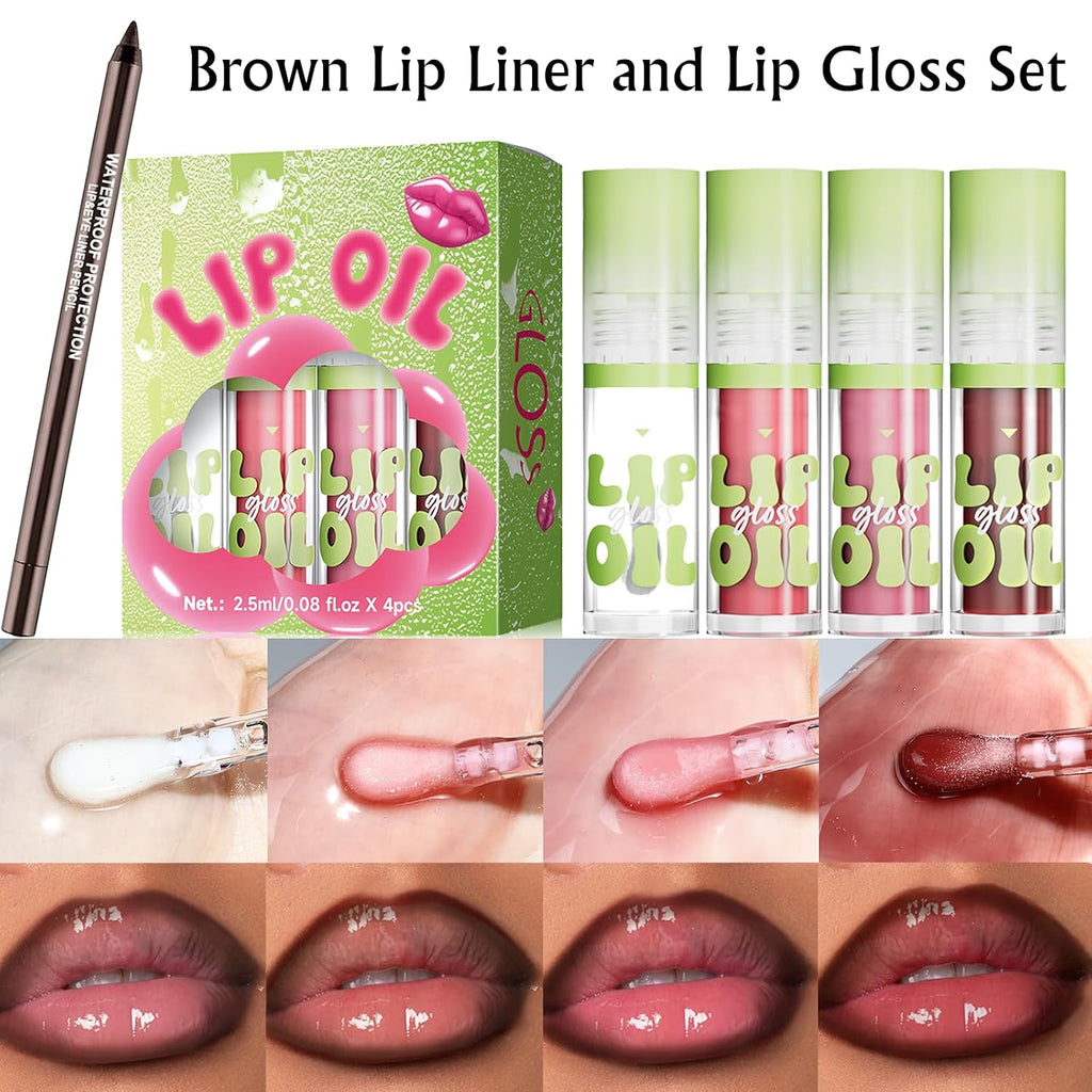 4 Colors Hydrating Lip Oil with Brown Lip Liner Set, Moisturizing Lip Combo High Pigmented Lightweight Glossy Liquid