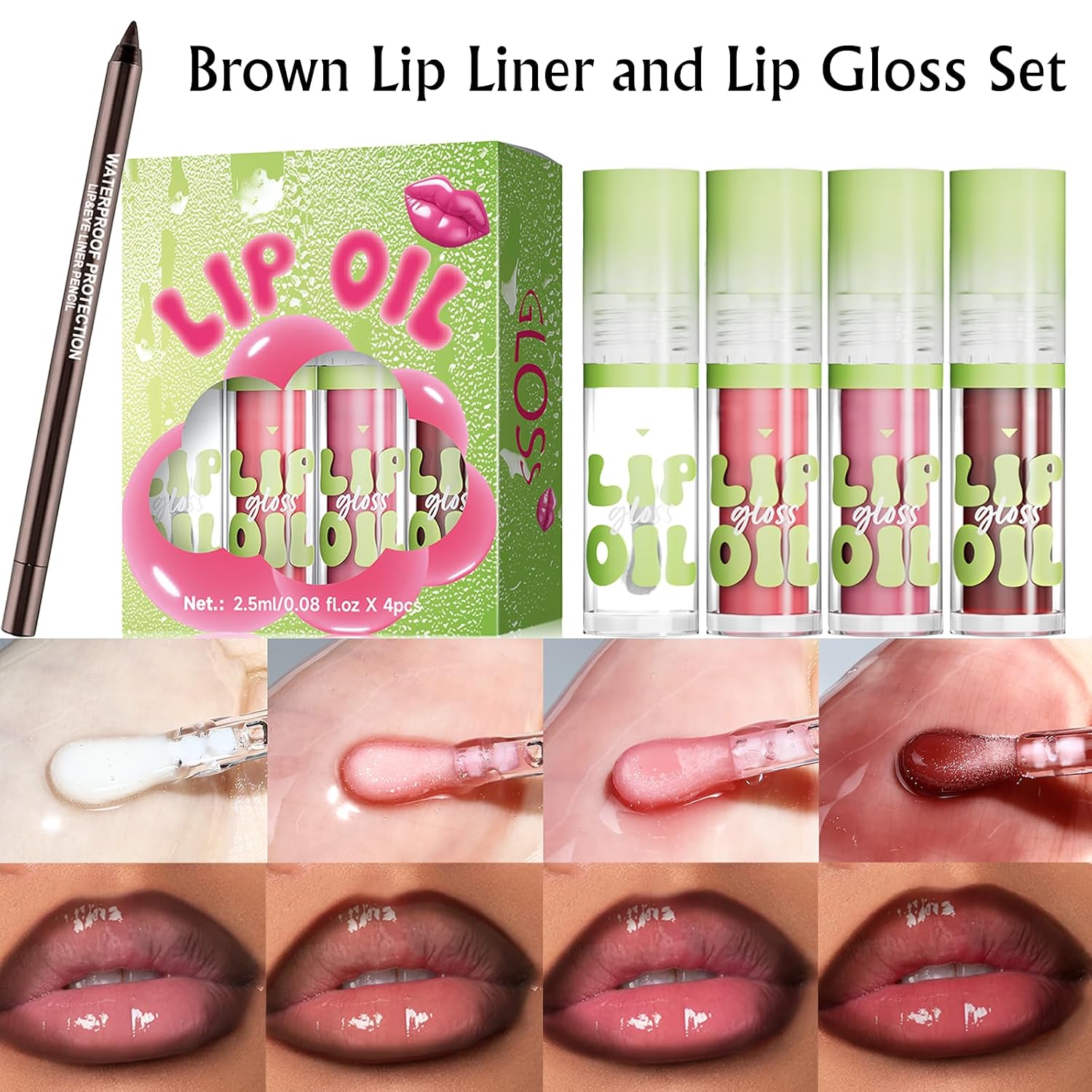 4 Colors Hydrating Lip Oil with Brown Lip Liner Set, Moisturizing Lip Combo High Pigmented Lightweight Glossy Liquid