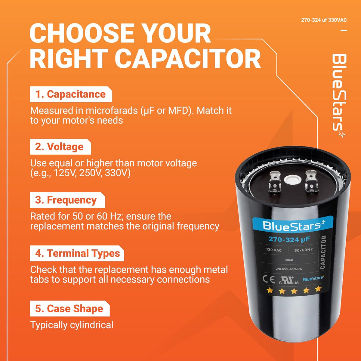 [2025 Upgraded] BlueStars 270-324 uF MFD 330 VAC Motor Start Capacitor