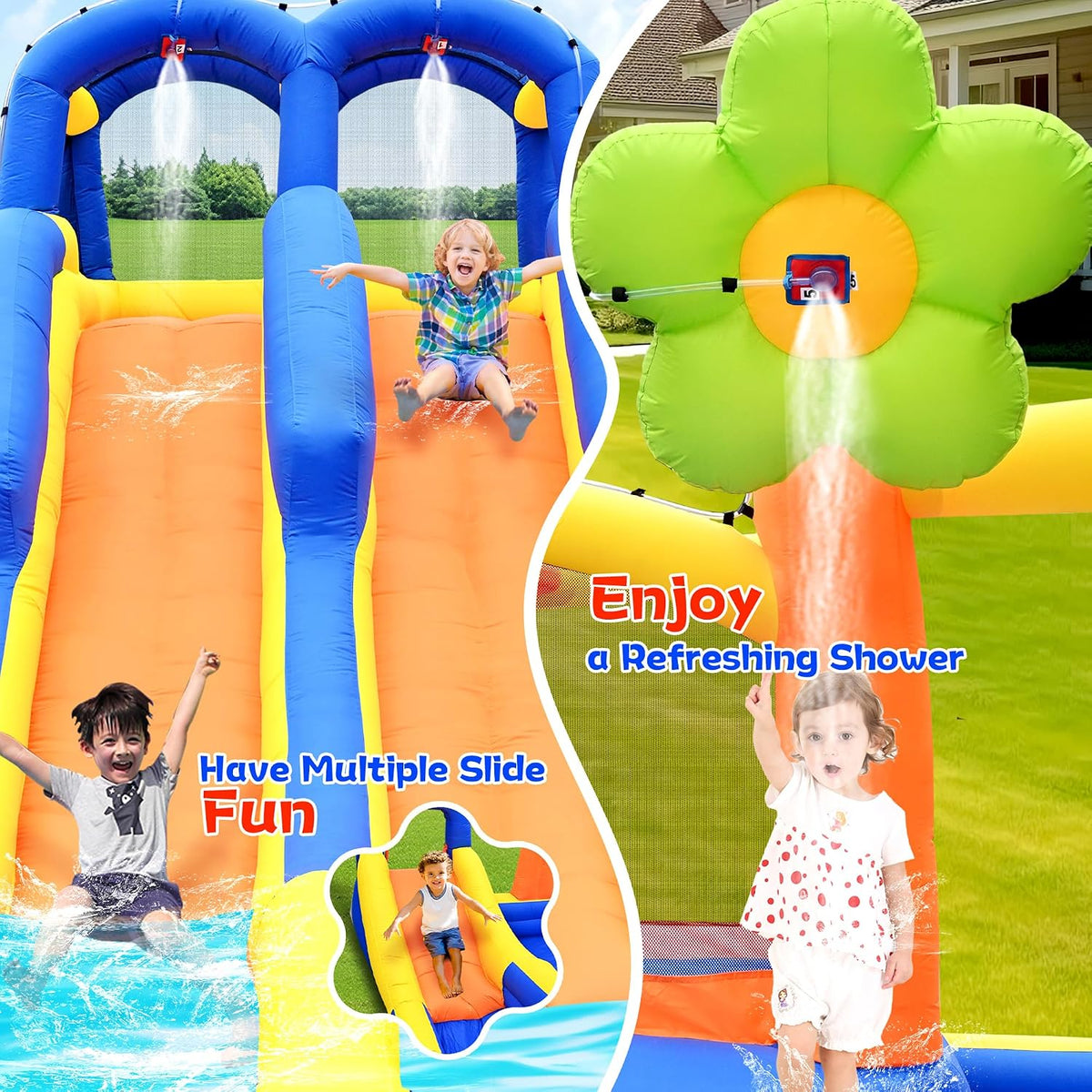 14 in 1 Inflatable Water Park with 3 Slides Bounce House, Dartboard, Ring Toss Game, 650W Blower, Backyard Waterslide