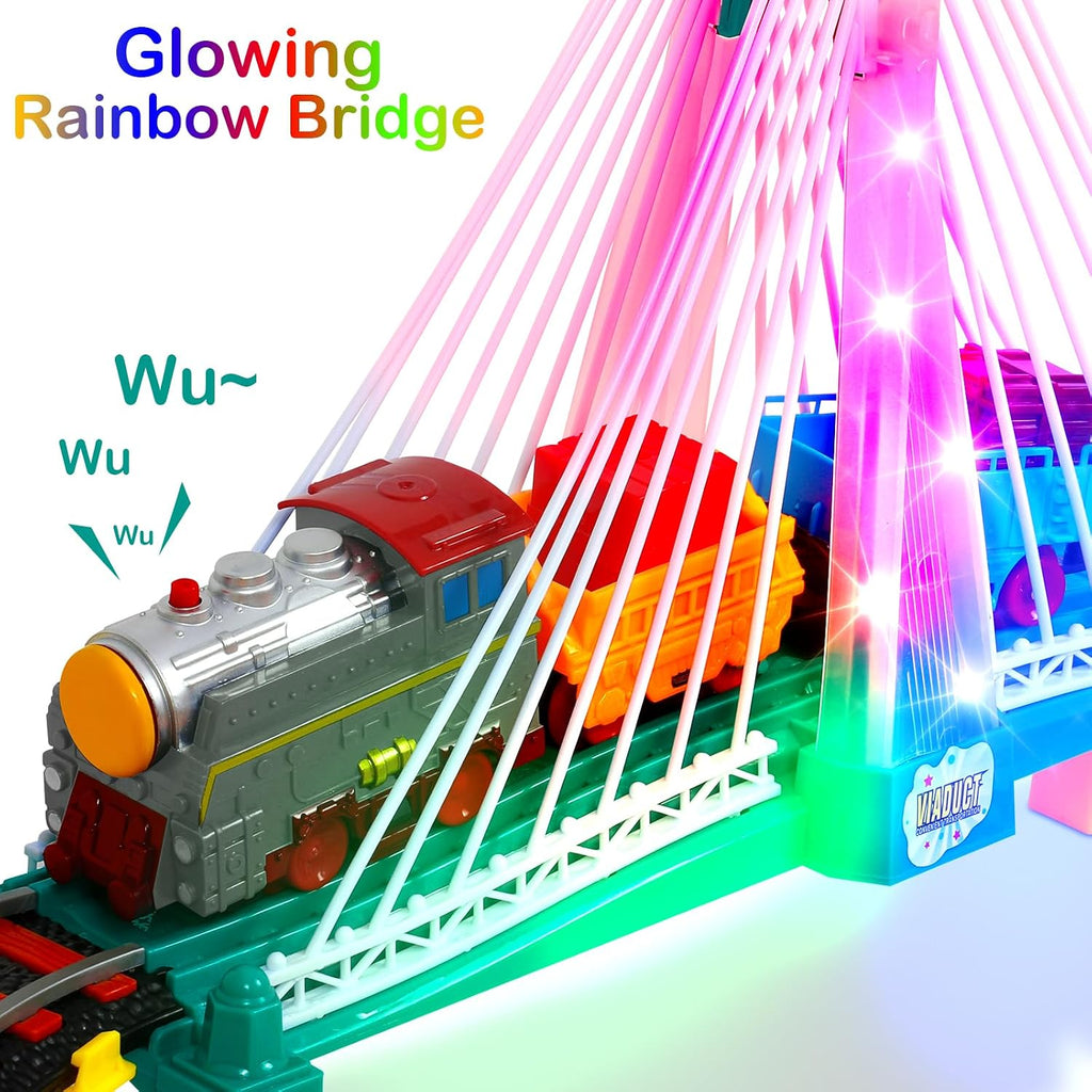 Electric Train Set for Kids Ages 4-8 with Train Tracks Set & Car Tracks Lights Up Bridge Road Sign Realistic Sound
