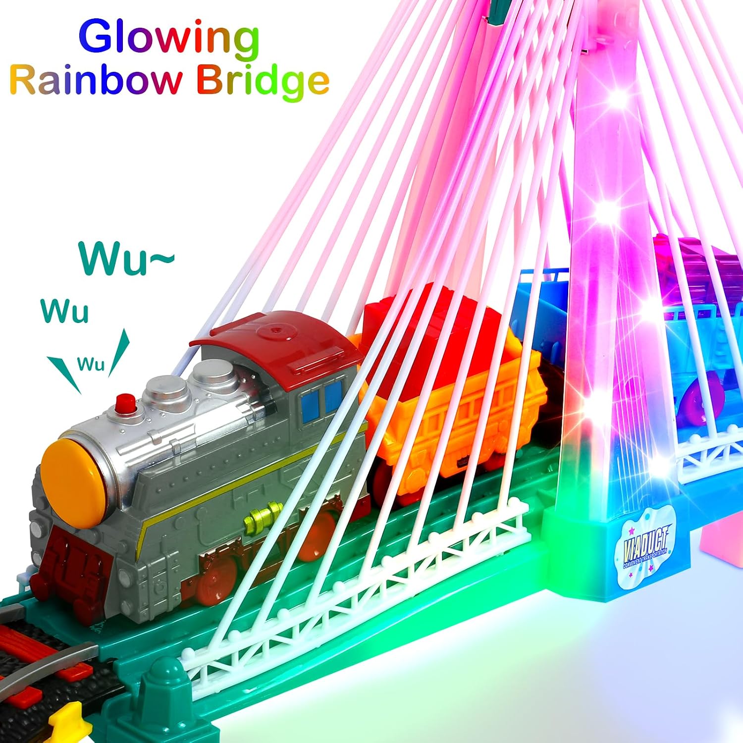 Electric Train Set for Kids Ages 4-8 with Train Tracks Set & Car Tracks Lights Up Bridge Road Sign Realistic Sound