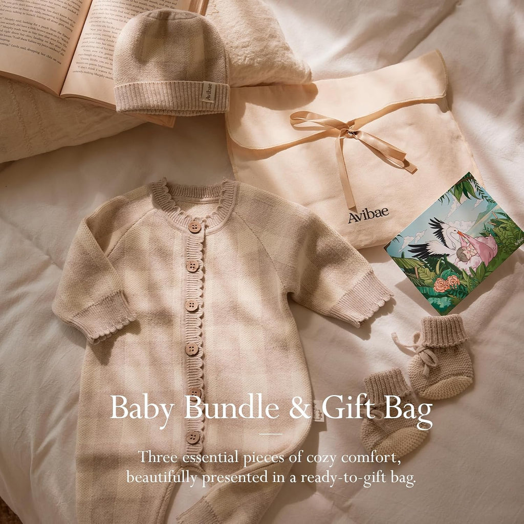 3-Piece Cotton Newborn Baby Set with Knit Outfit, Hat, Booties