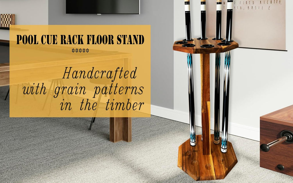 Freestanding Billiard Cue Rack, Pool Table Accessories Hold 8 Cues, Pool Cue Stick Holder, Wooden Floor Stand Pool