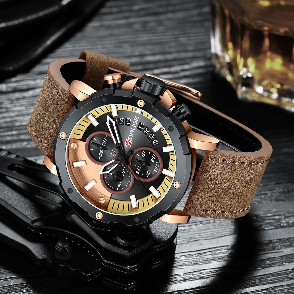 Mens Watches Luxury Chronograph Classic Waterproof Watch Large Face Analog Luminous Fashion Leather Analog Quartz