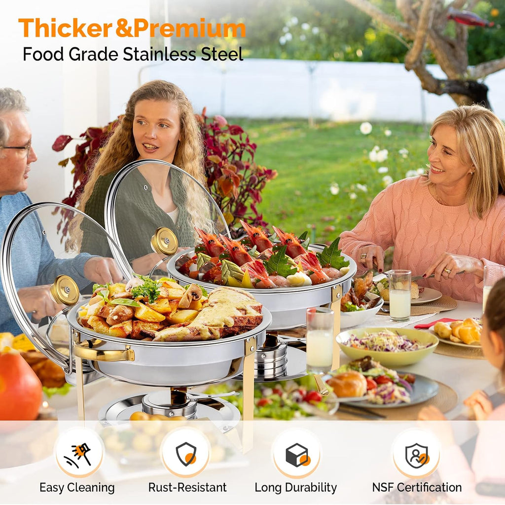 5QT 2 Packs Chafing Dish Buffet Set Gold Accent, Round Stainless Steel Buffet Warmer Chafers and Buffet Warmers Sets