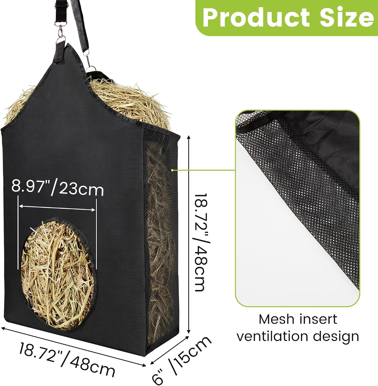 Horse Hay Bag Feeder, Slow Feed Hay Bag Suitable for Goats, Donkeys, and Horses, with Metal Ring and Adjustable Strap