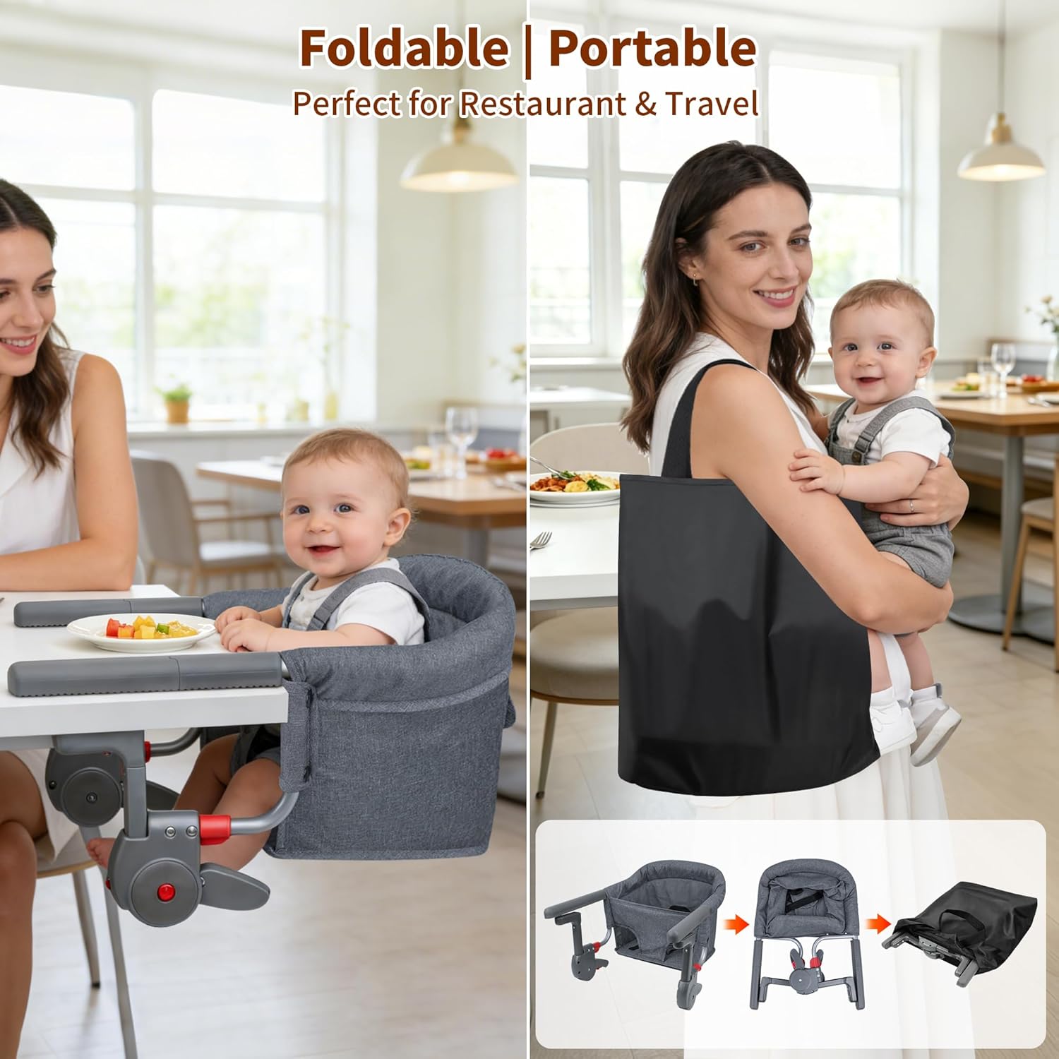 Premium Hook On High Chair, One-Pull Quick Install No Twisting, Heavy Duty Steel Frame, Safe Materials Clip on Table