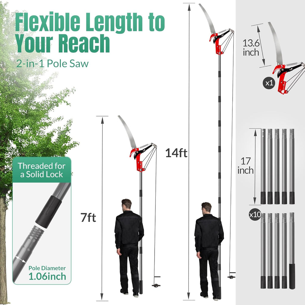 Pole Saw for Tree Trimming, 2-in-1 Tree Pruner with Saw & Pruning Scissors, 14FT Tree Trimmer, Quadruple Pulley