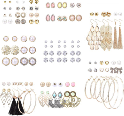 61-63 Pairs Assorted Multiple Stud Earrings for Women Simple Cute Flower Big Hoop Earrings Moon Geometric Leaf Arrow