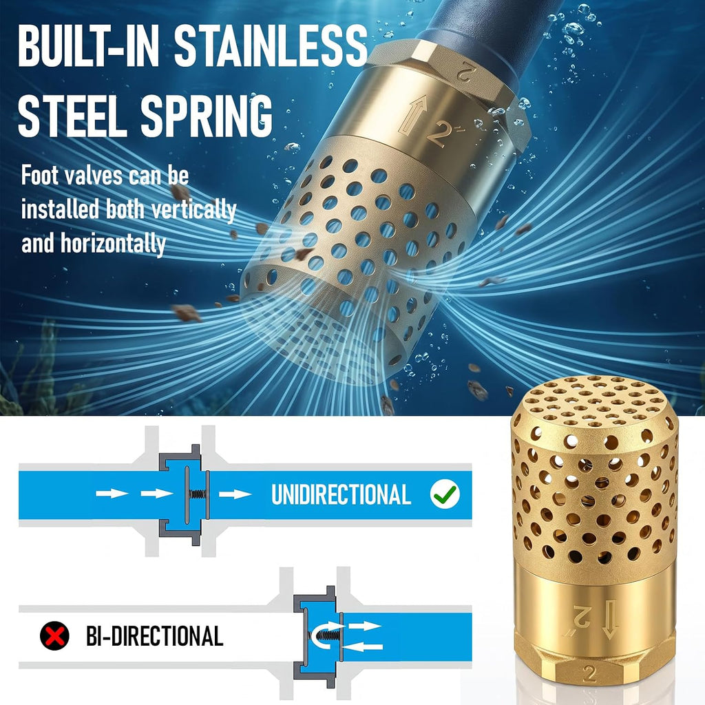 Hicarer 2 Inch NPT Brass Foot Valve with Mesh Strainer One Way Check Valve