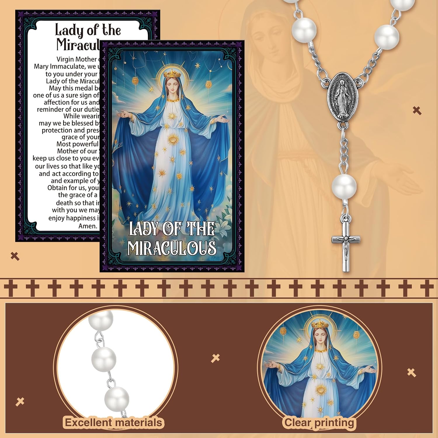 10 Set Catholic Gifts Set White Religious Catholic Hanging Pendant and Prayer Card Saints Prayer Bead Rosary Beads