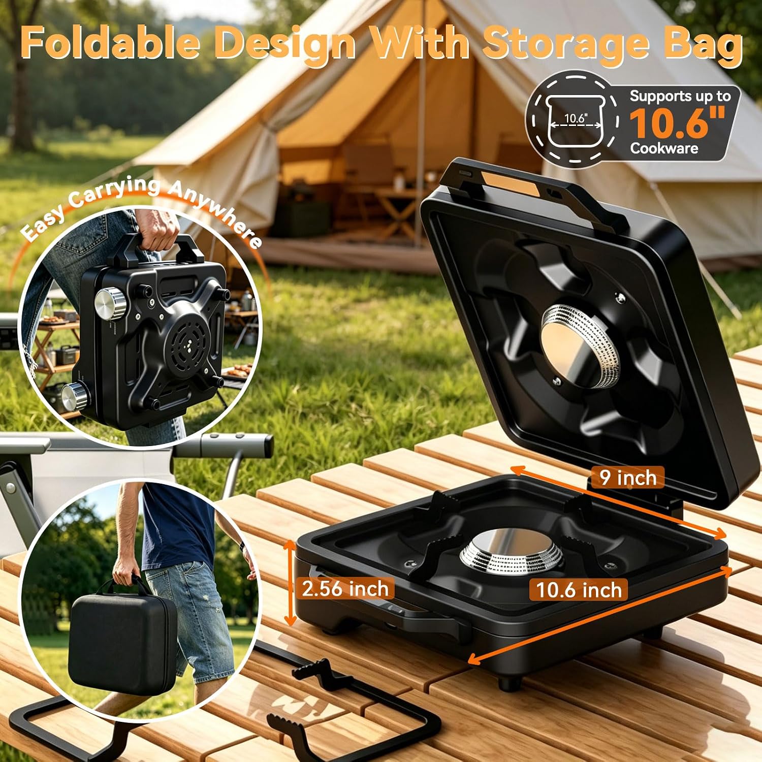 2 Burner 24000 BTU Propane Camping Stove, Foldable Camp Stove with 2-in-1 Frying Pan & Pot, Adjustable Burner Dual